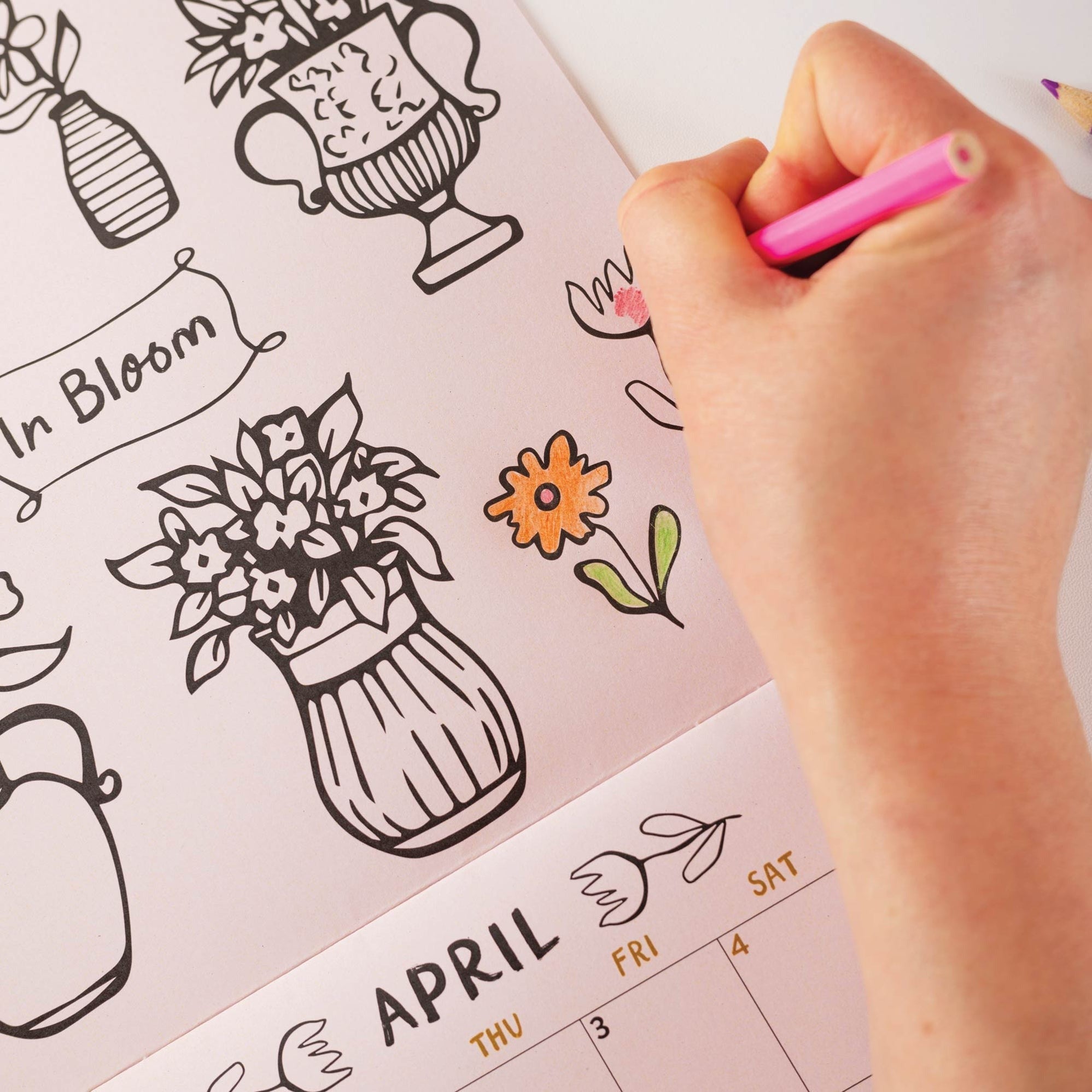 Close- upfo the 2026 colouring wall calendar with month-to-view layout and illustrations to colour