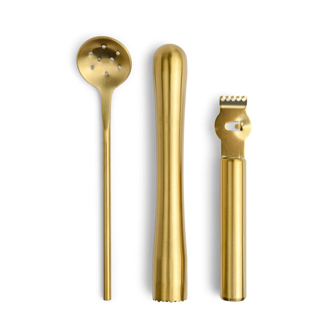 Full view of the Bertie Barware Set tools: olive spoon, muddler, and zester