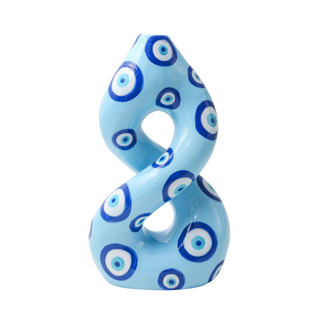 Patricia Ojos Místicos Vase – light blue twisted ceramic vase with navy mystical evil eye pattern, sculptural home decor