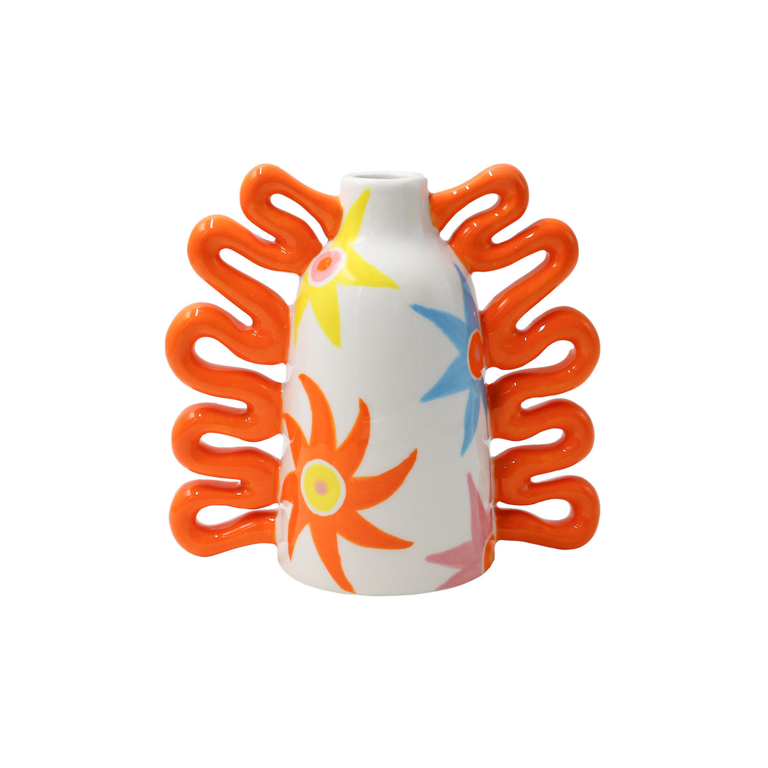 White ceramic vase with hand-painted colorful flowers and sculptural orange squiggle handles – Flora Joy Vase