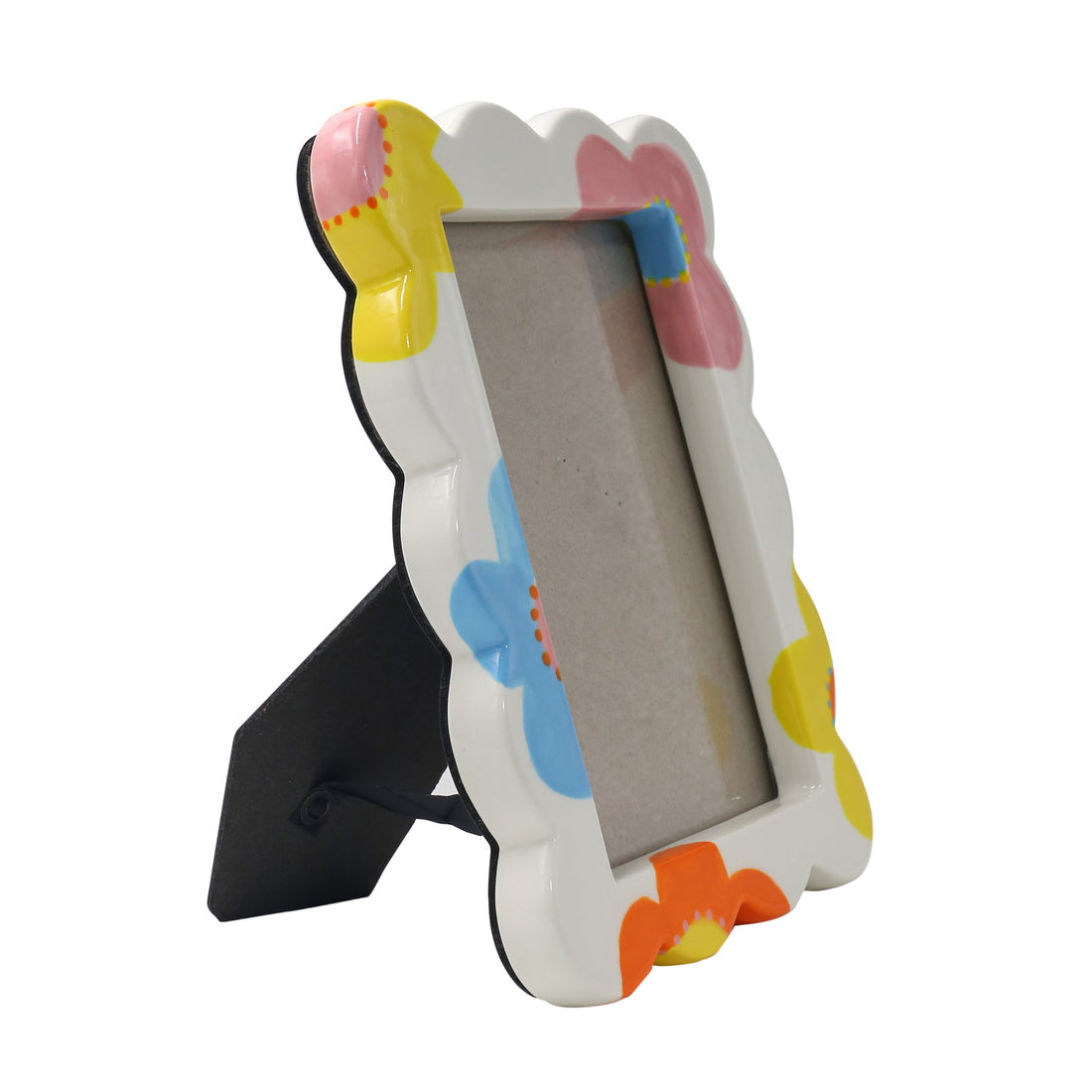 Side View of the Francisco ceramic picture frame with colorful flower pattern, rounded edges, and space for a 10 x 15 cm photo