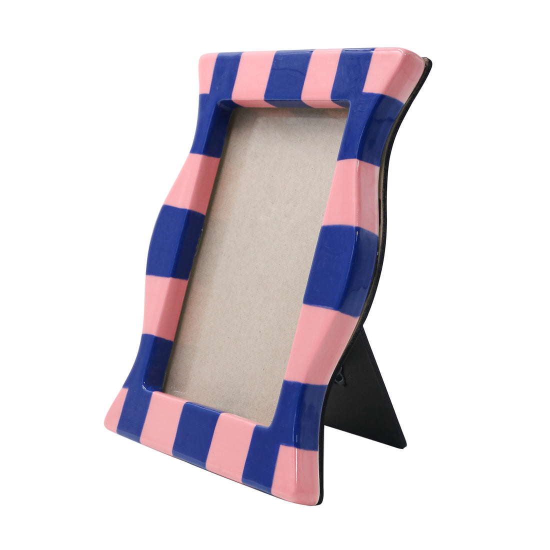 Side view of the Francisco ceramic picture frame with blue & pink checks pattern, rounded edges, and space for a 10 x 15 cm photo