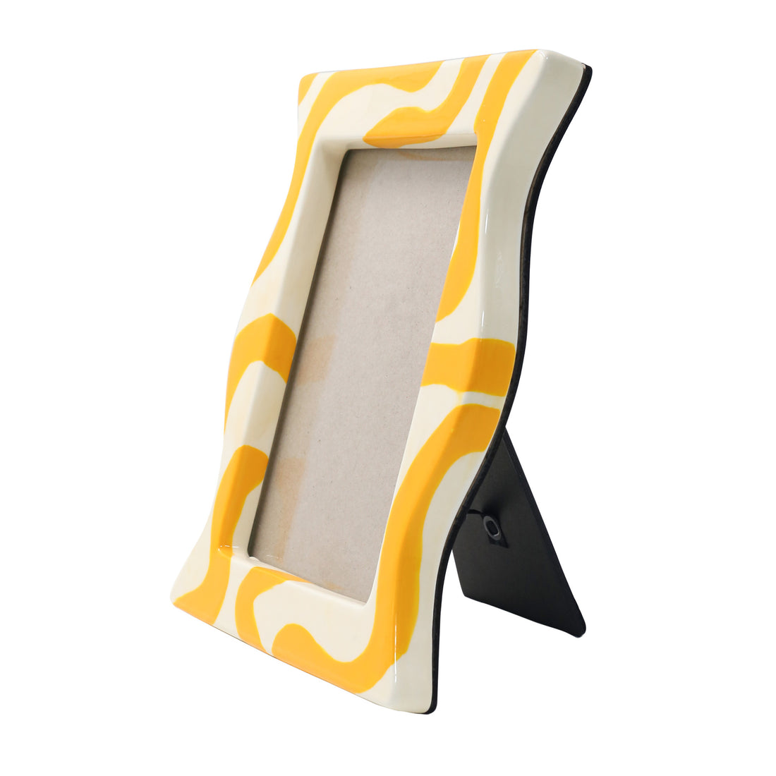 Side view of the Francisco ceramic picture frame with yellow wavy stripes pattern, rounded edges, and space for a 10 x 15 cm photo