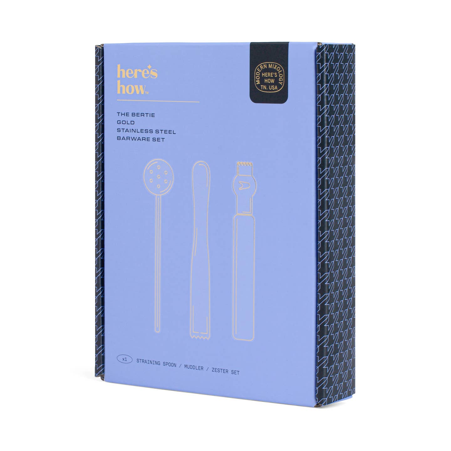 Luxurious purple gift box of the Bertie Barware Set with modern minimalist design"