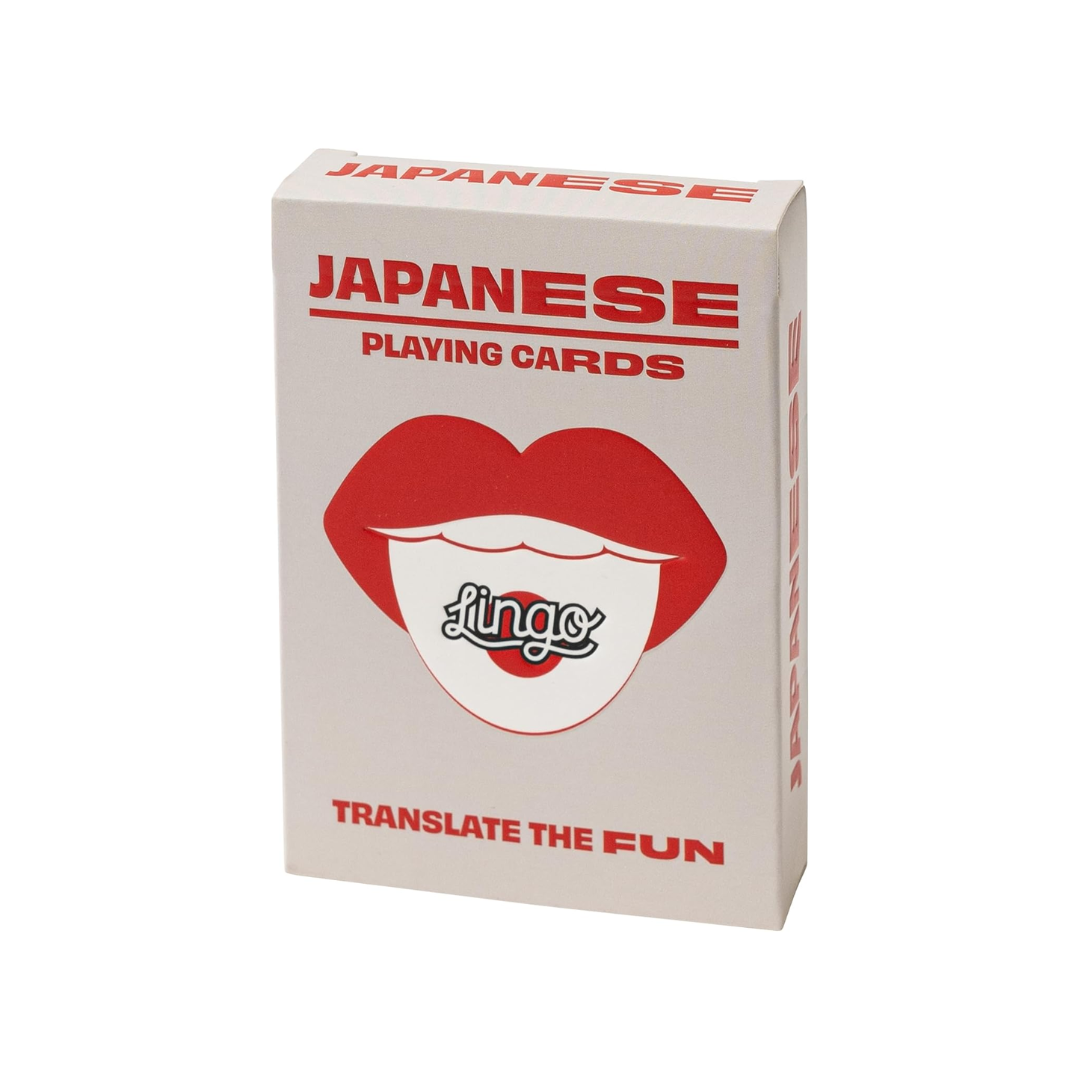 Japanese Lingo Playing Cards in a box against a white background, perfect for travel and language learning.