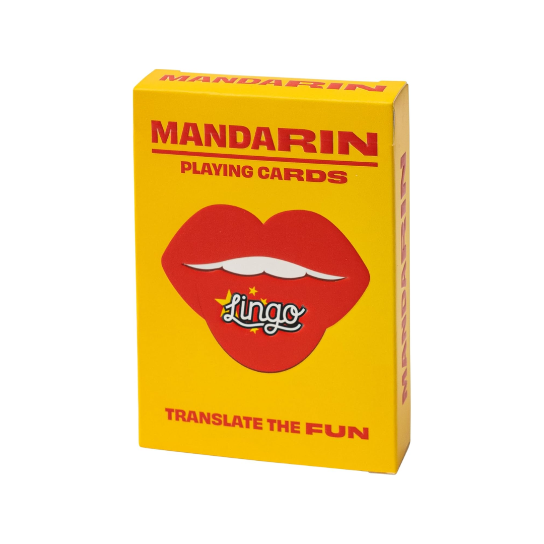 Mandarin Lingo Playing Cards in a yellow lingo box, perfect for travel and language learning