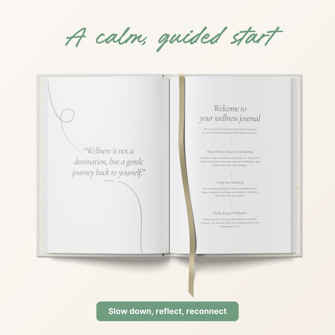 Open wellness journal with introductory text on a white background