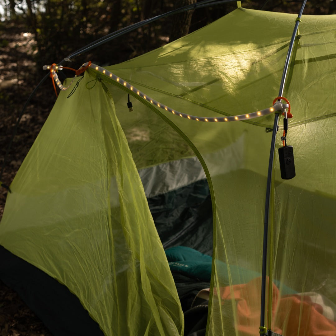 Portable USB-powered LED rope lights on a tend