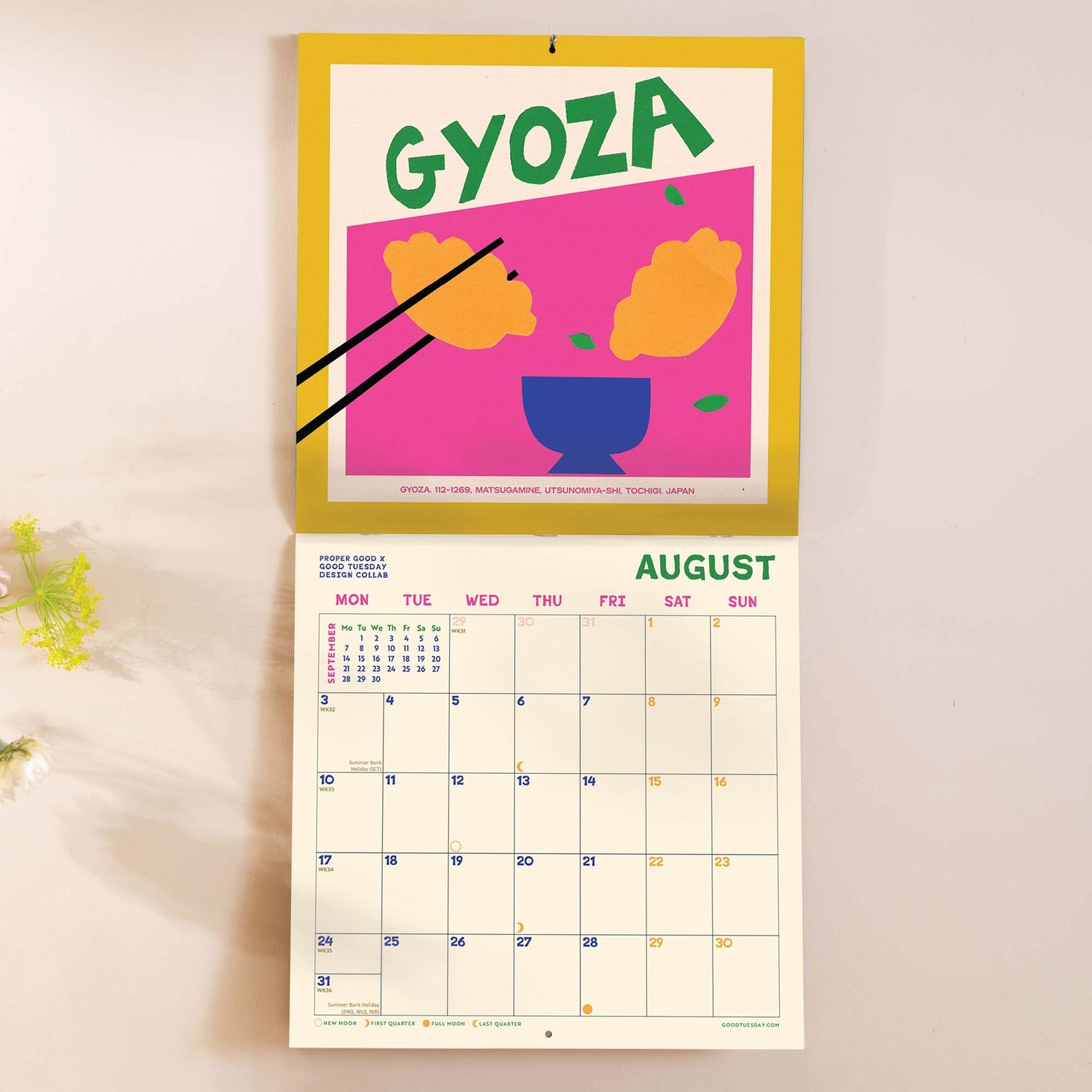 Calendar with a design of gyoza dumplings and the word &