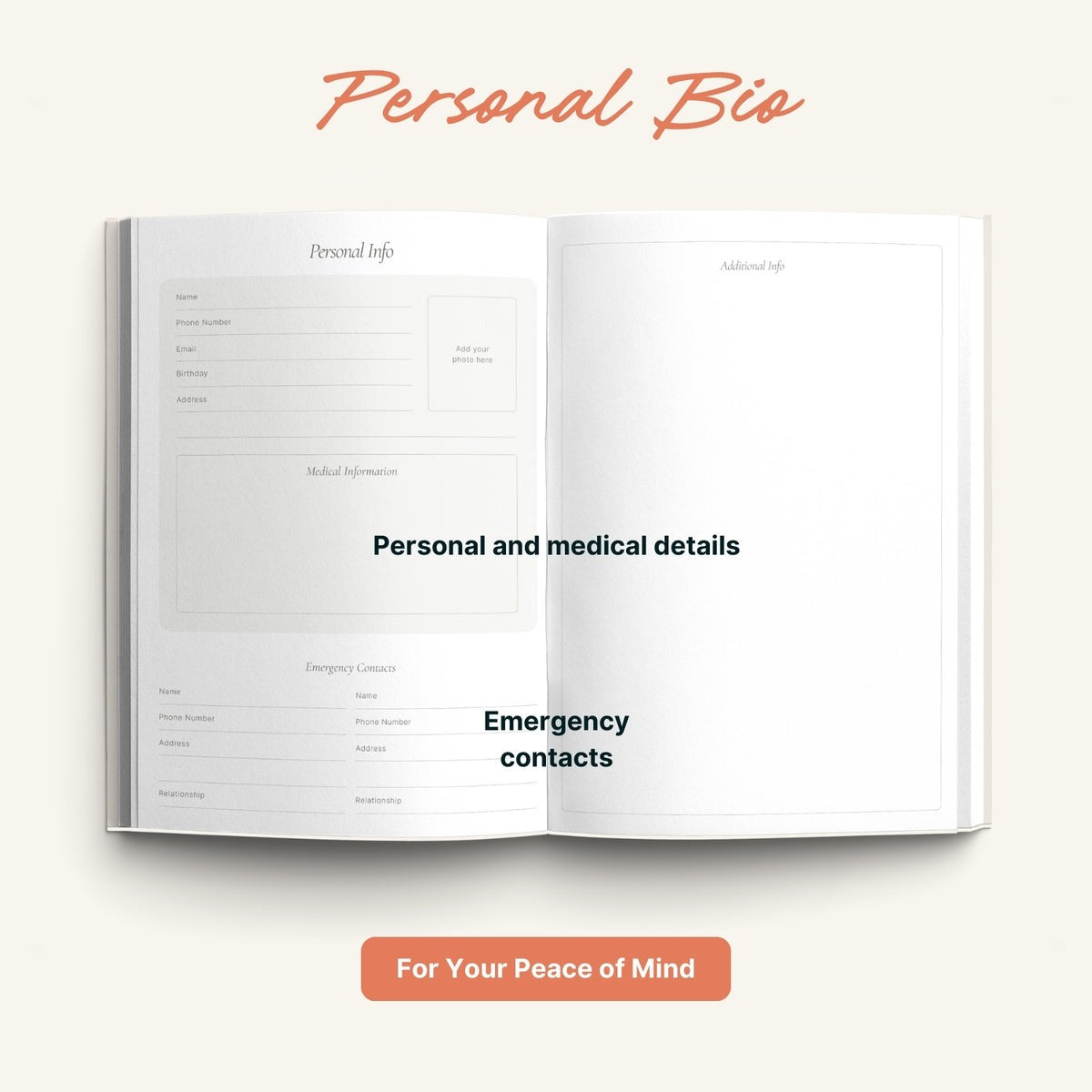 Open diary with sections for personal info, personal and medical details, and emergency contacts on a white background.
