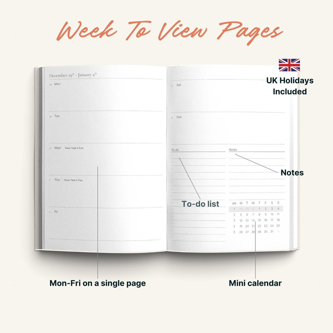 Open planner showing weekly layout with UK holidays included, to-do list, and mini calendar.