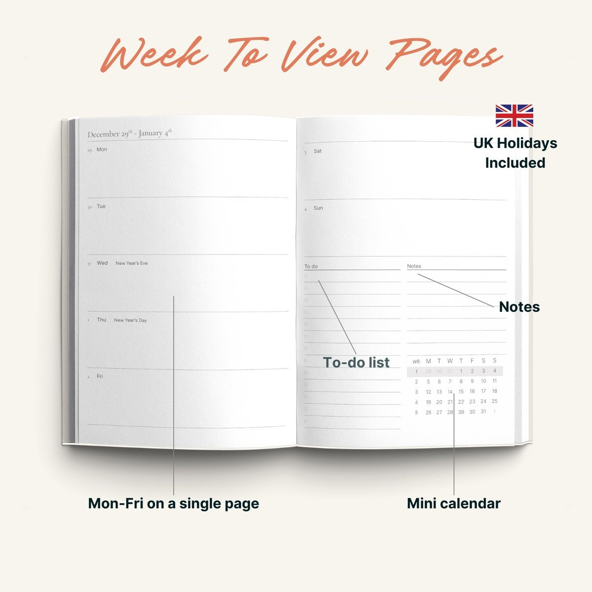 Open planner showing weekly layout with UK holidays included, to-do list, and mini calendar.