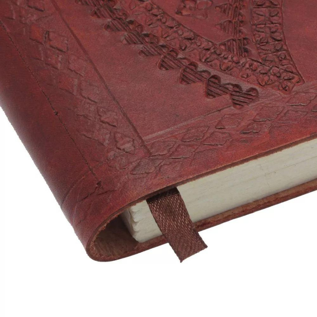 Close-up of the journal’s bookmark, showing detailed craftsmanship and leather texture