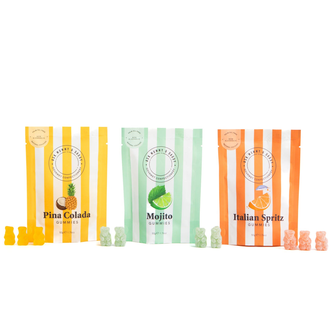 Three colorful packages of free alchool gummy candy: pina colada, Mojito and Italian Spritz