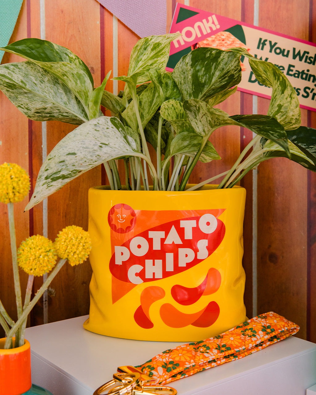 A ceramic vase designed to resemble a potato chips bag, filled with a plant