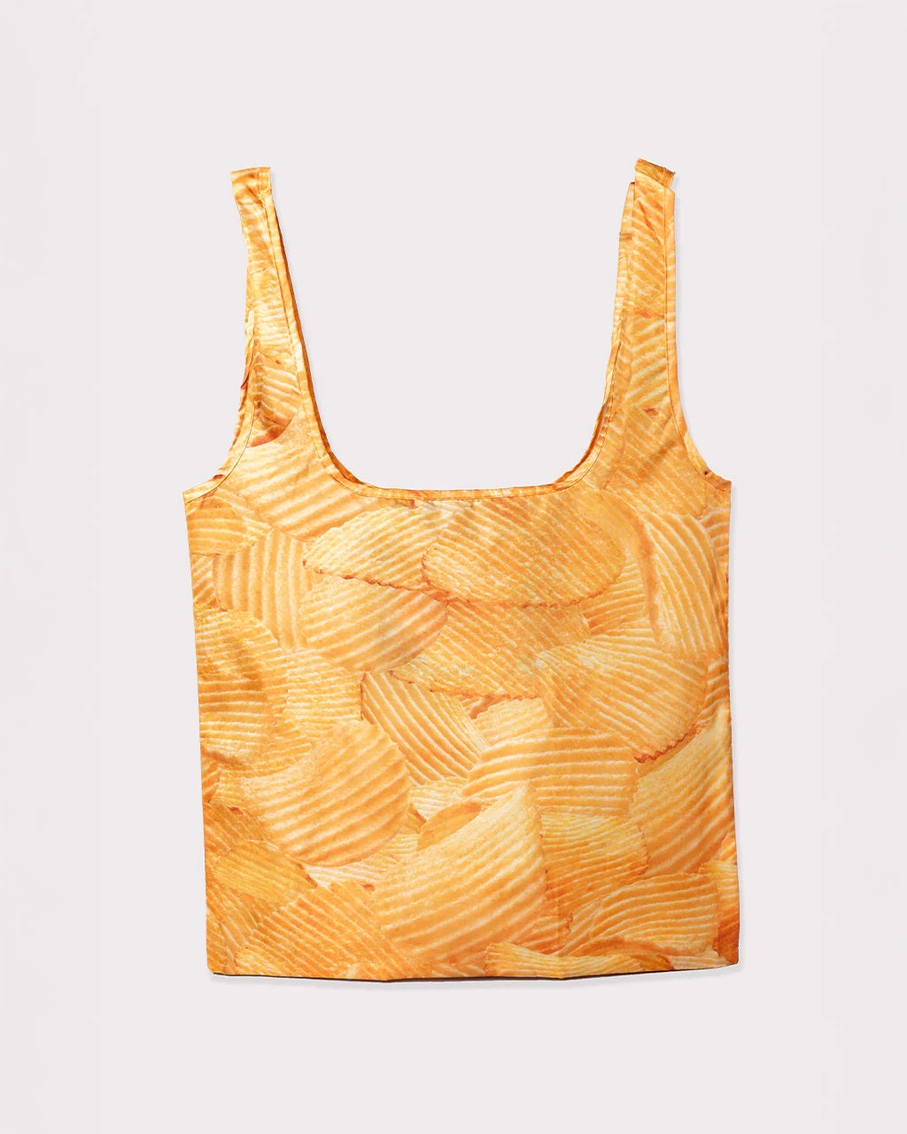Reusable nylon tote bag with playful potato chip print – foldable with built-in pouch for compact storage