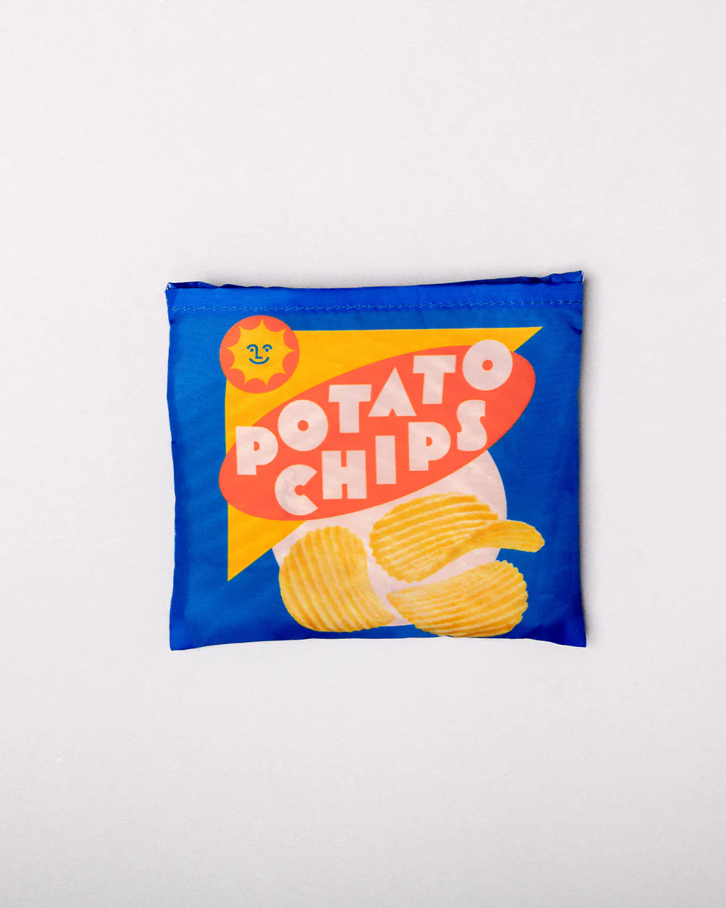 Reusable nylon tote bag with playful potato chip print – foldable with built-in pouch for compact storage