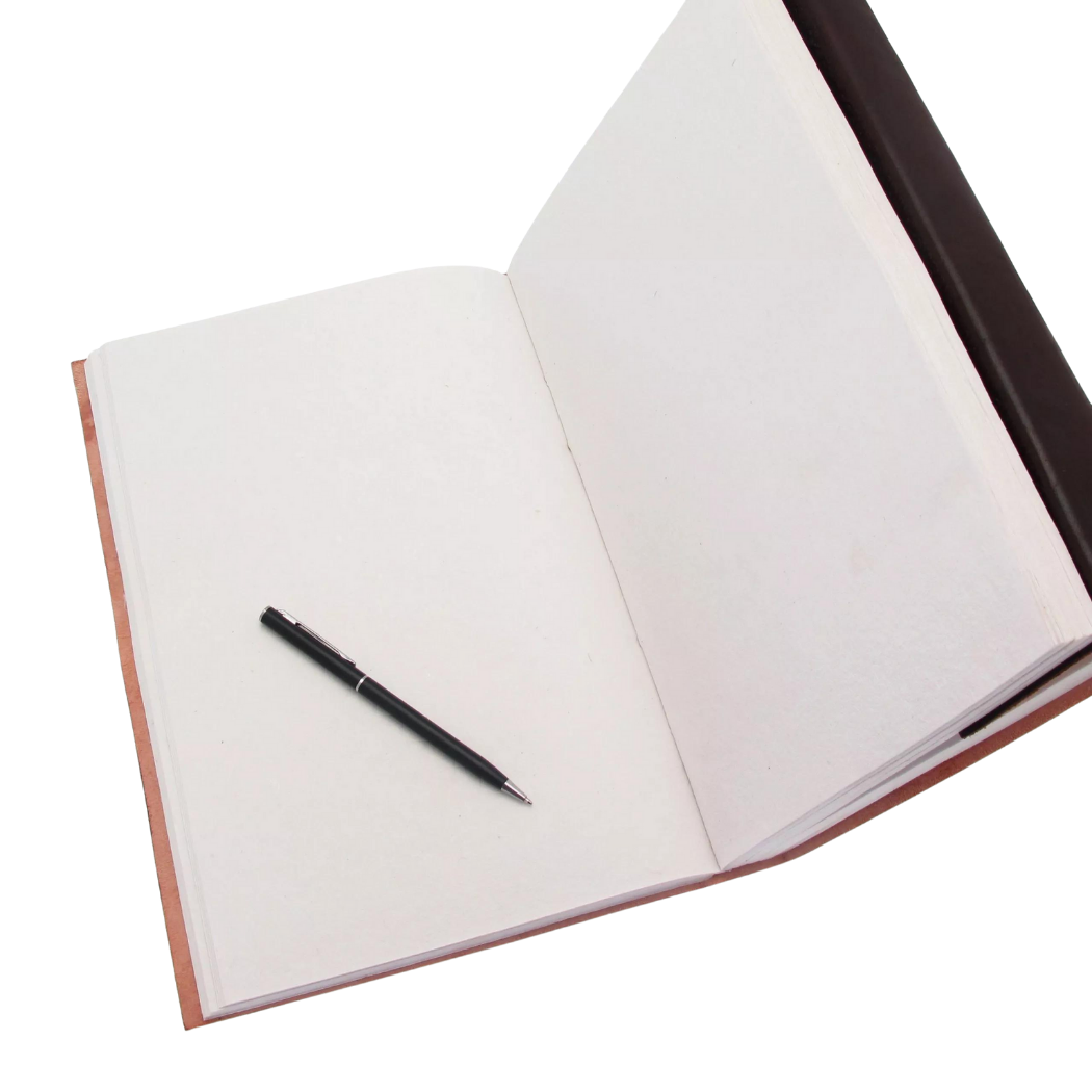 Indra Embossed Leather Journal open to show unlined, handmade khadda paper with natural texture, highlighting the artisanal quality of the pages.