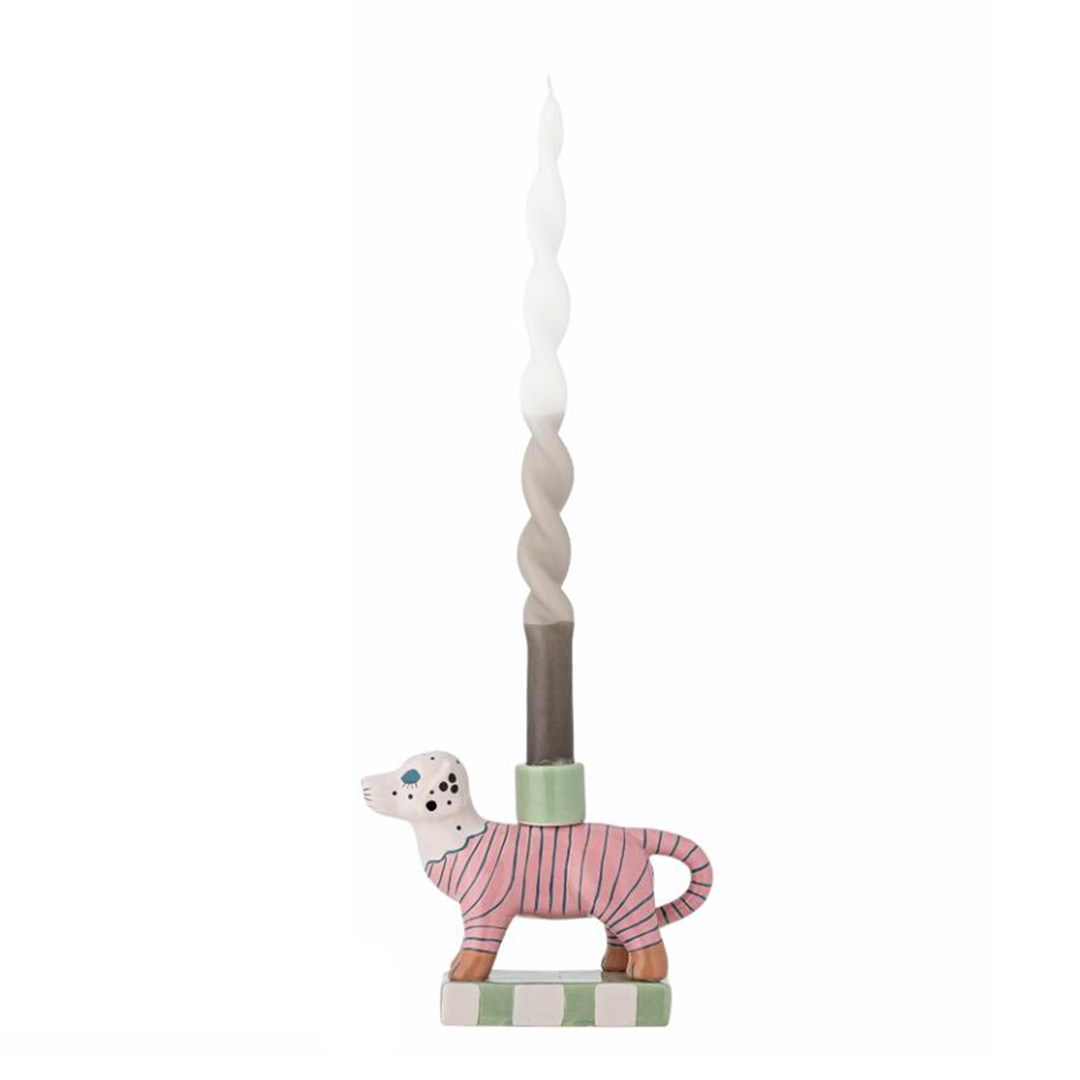 Decorative candle holder with a small stripes dog on a white background
