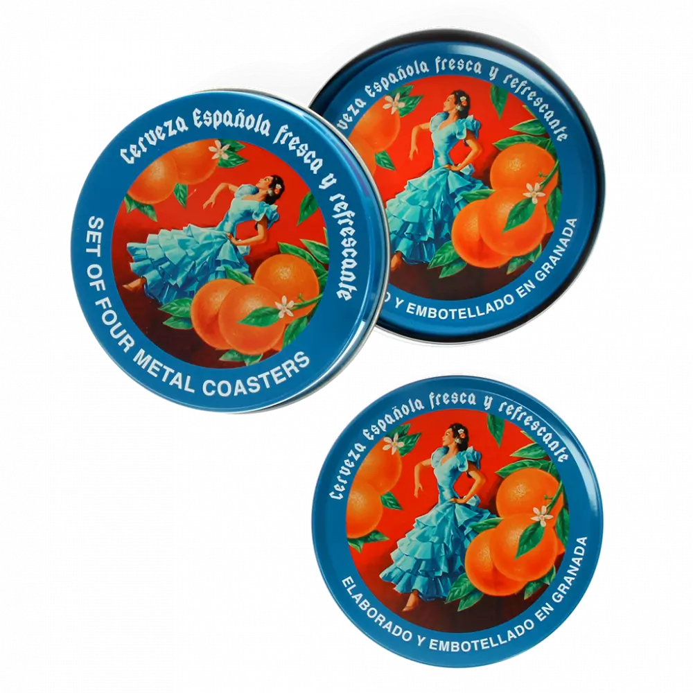 Set of four metal coasters with Spanish flamenco dancer and orange design on a white background