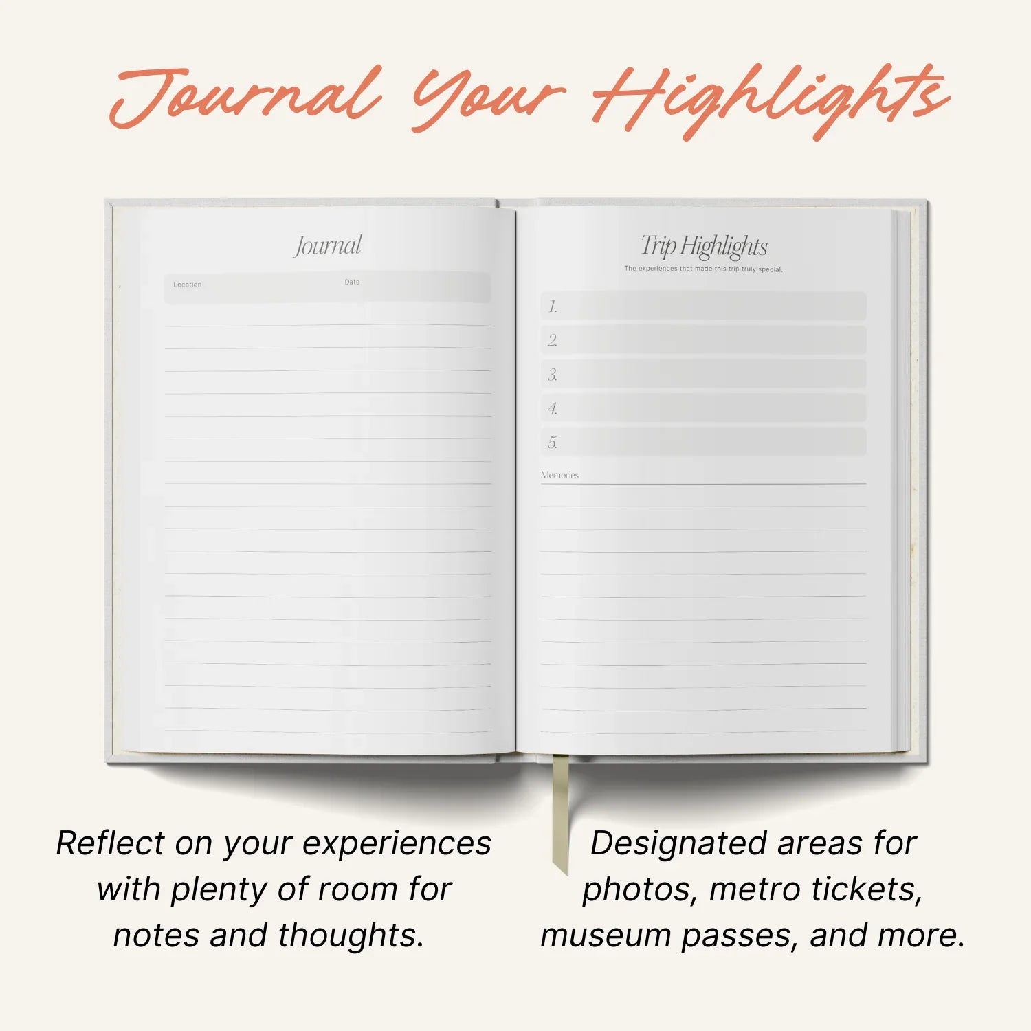 Open notebook with labeled pages on a white background