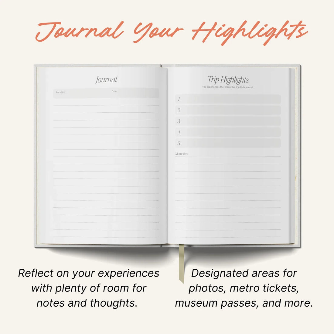 Open notebook with labeled pages for journaling and trip highlights on a white background.