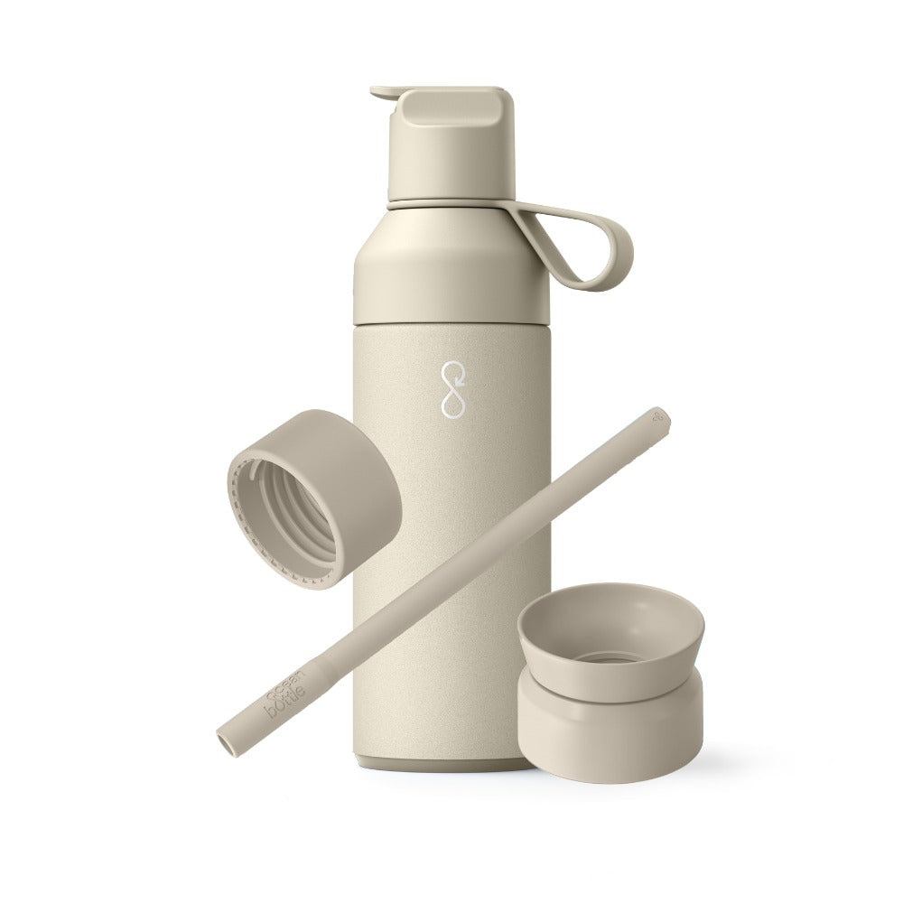 A Stone Ocean Bottle 500ml with three interchangeable lids and a straw, displayed against a white background.