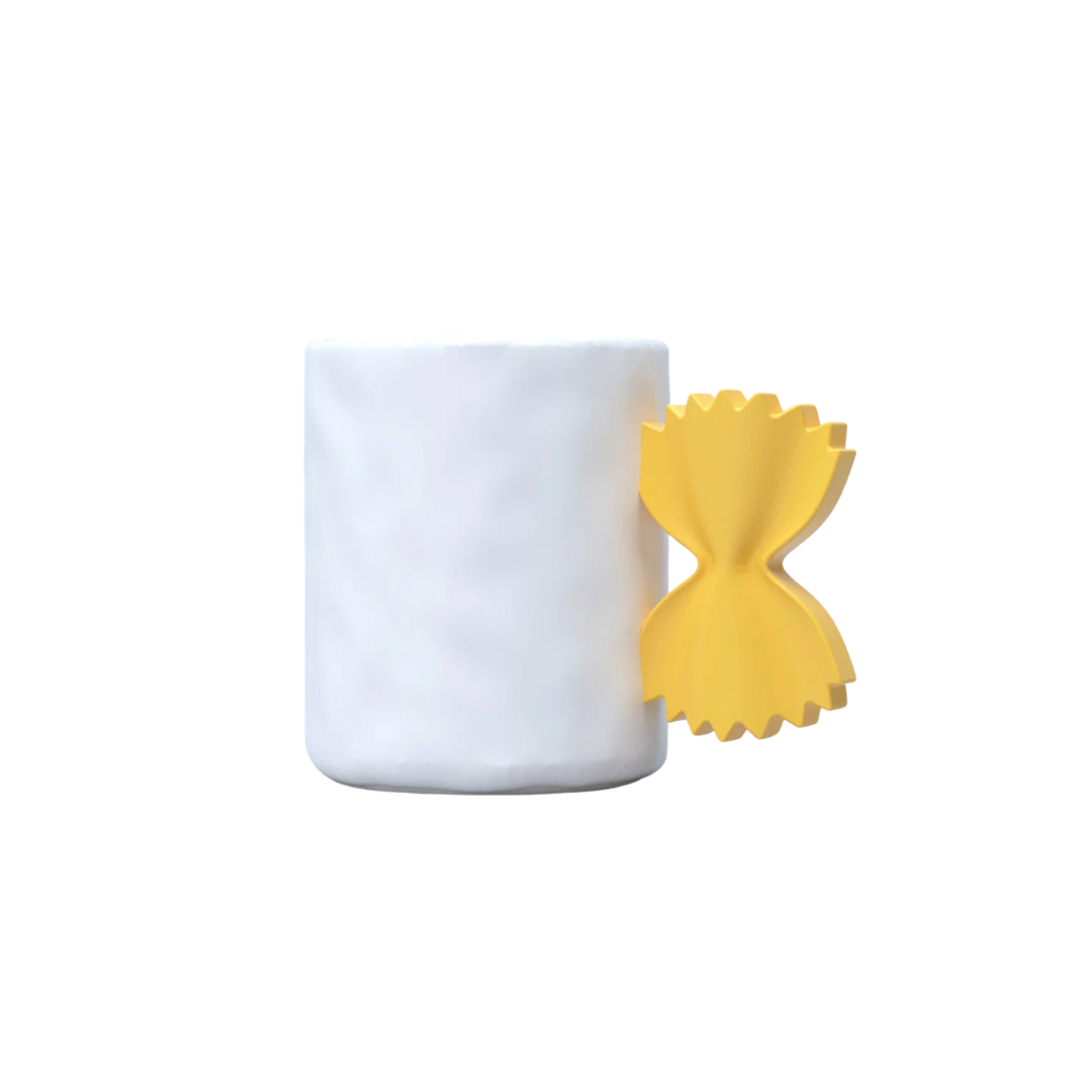 White mug with a yellow pasta-shaped handle on a white background