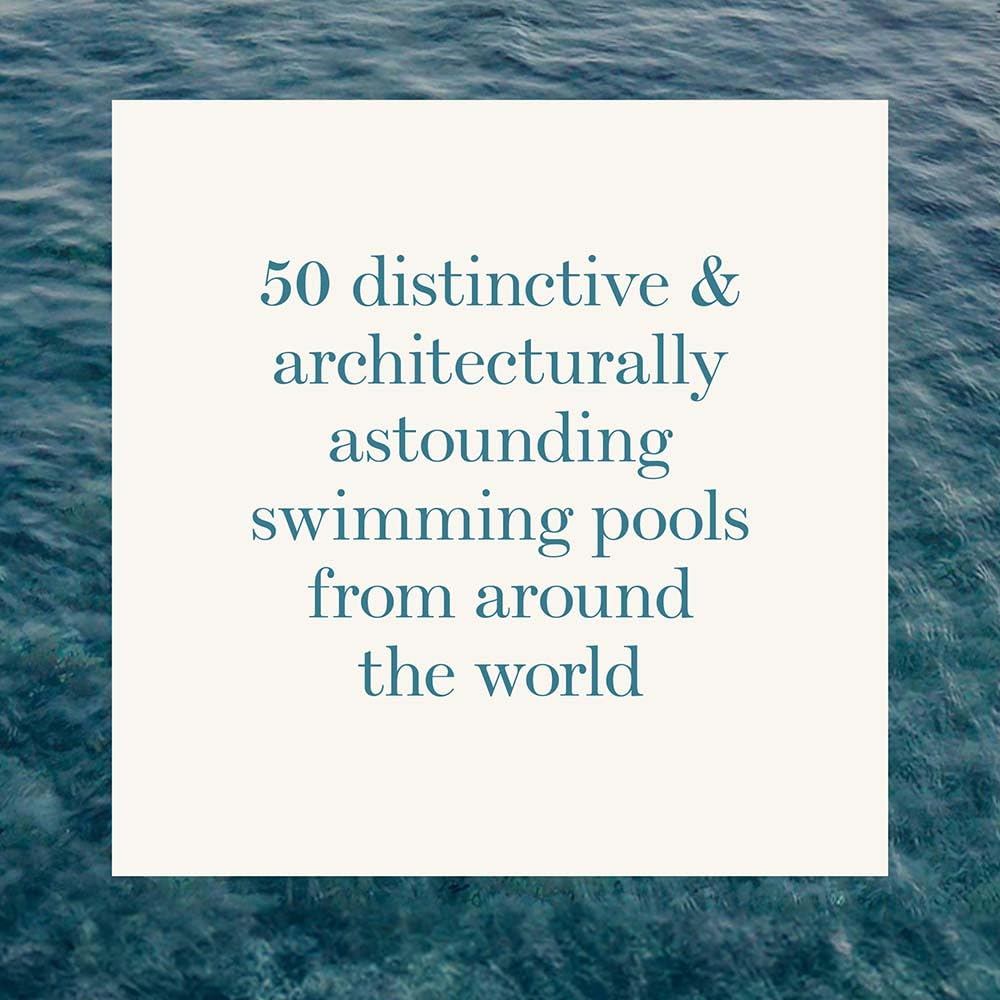 Text overlay on a blue water background with pool design theme