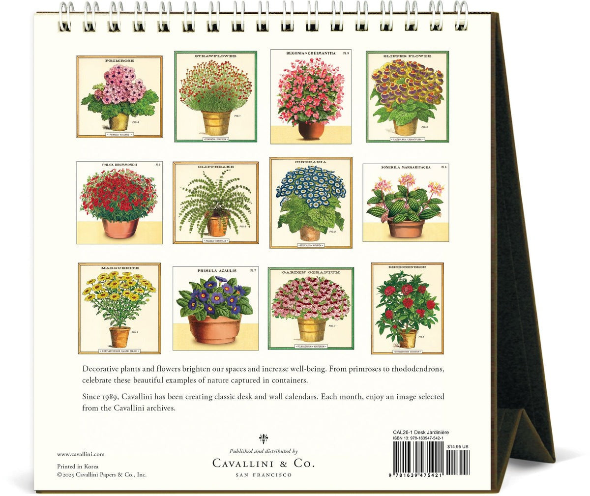 Back of the Jardinière Desk Calendar 2026 featuring vintage illustrations of plants and flowers in containers, 12 months of botanical art, 15.2x16.5 cm, desk décor and gift