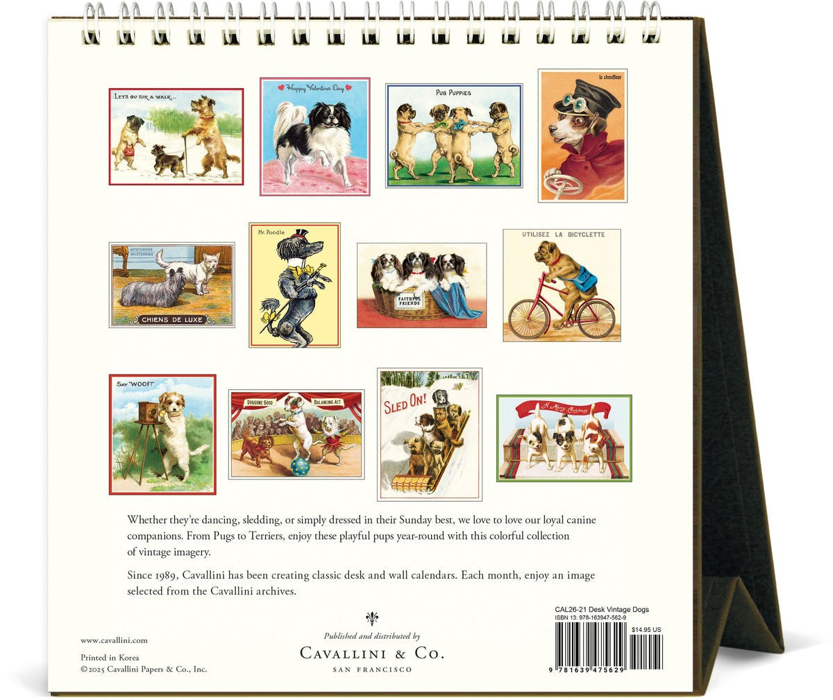Back view of the Desk Calendar 2026 with 12 vintage dog illustrations, playful pugs and terriers, 15.2x16.5 cm, desk décor and gift for dog lovers