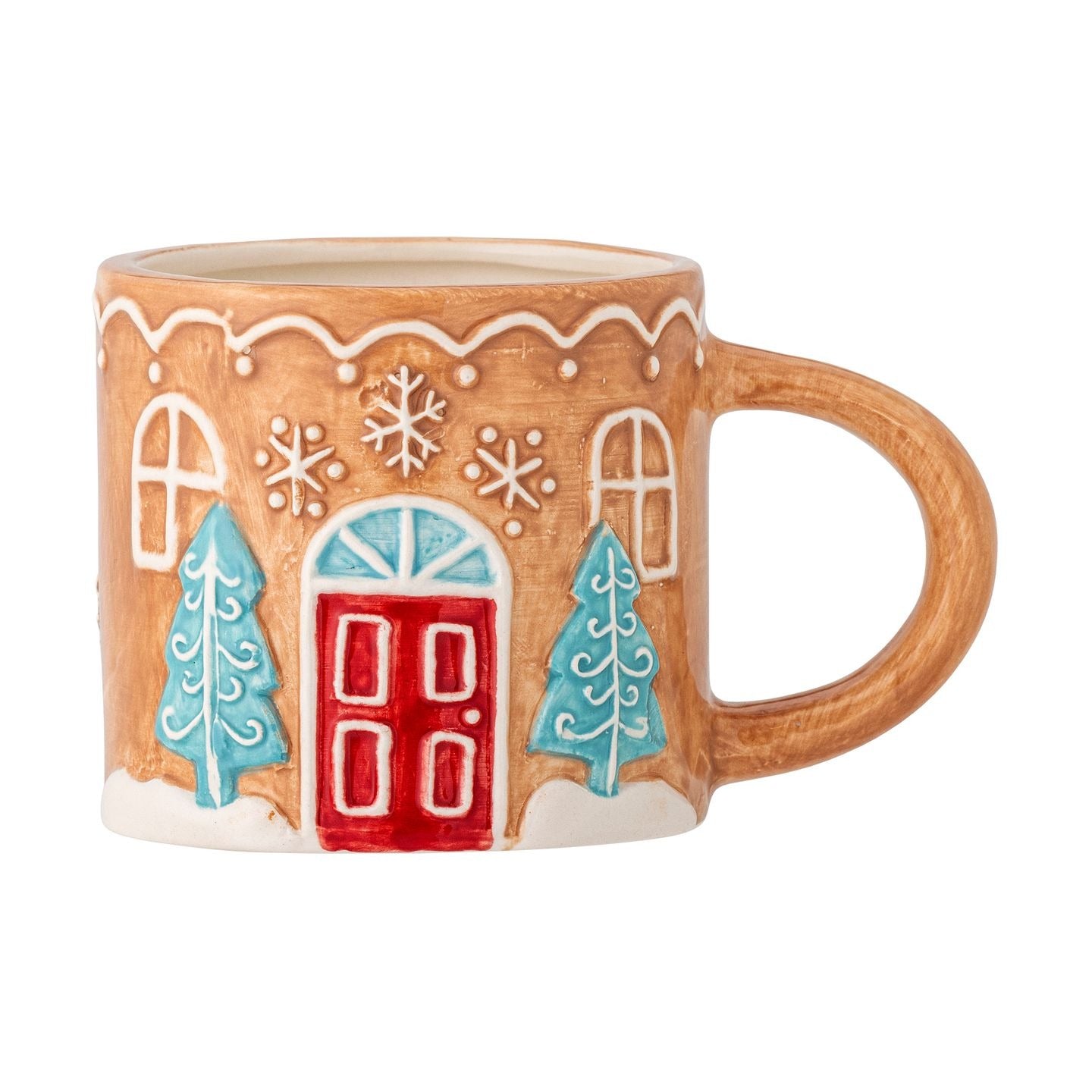 Hand-painted Ginnie Mug designed like a gingerbread house with a red door and blue trees on a white background
