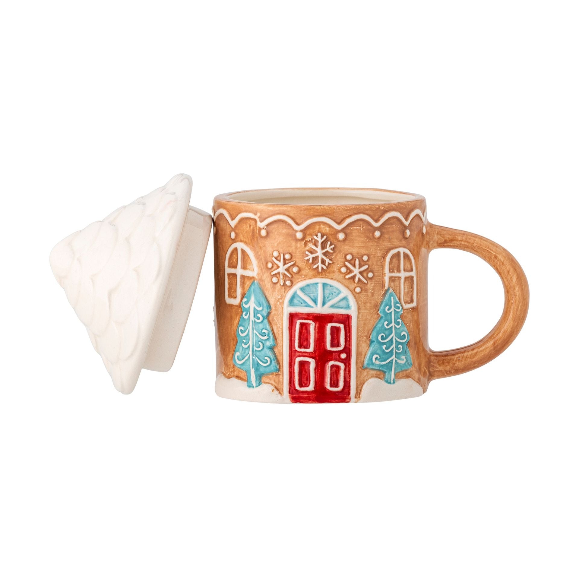 Hand-painted Ginnie Stoneware mug with a lid on a white background
