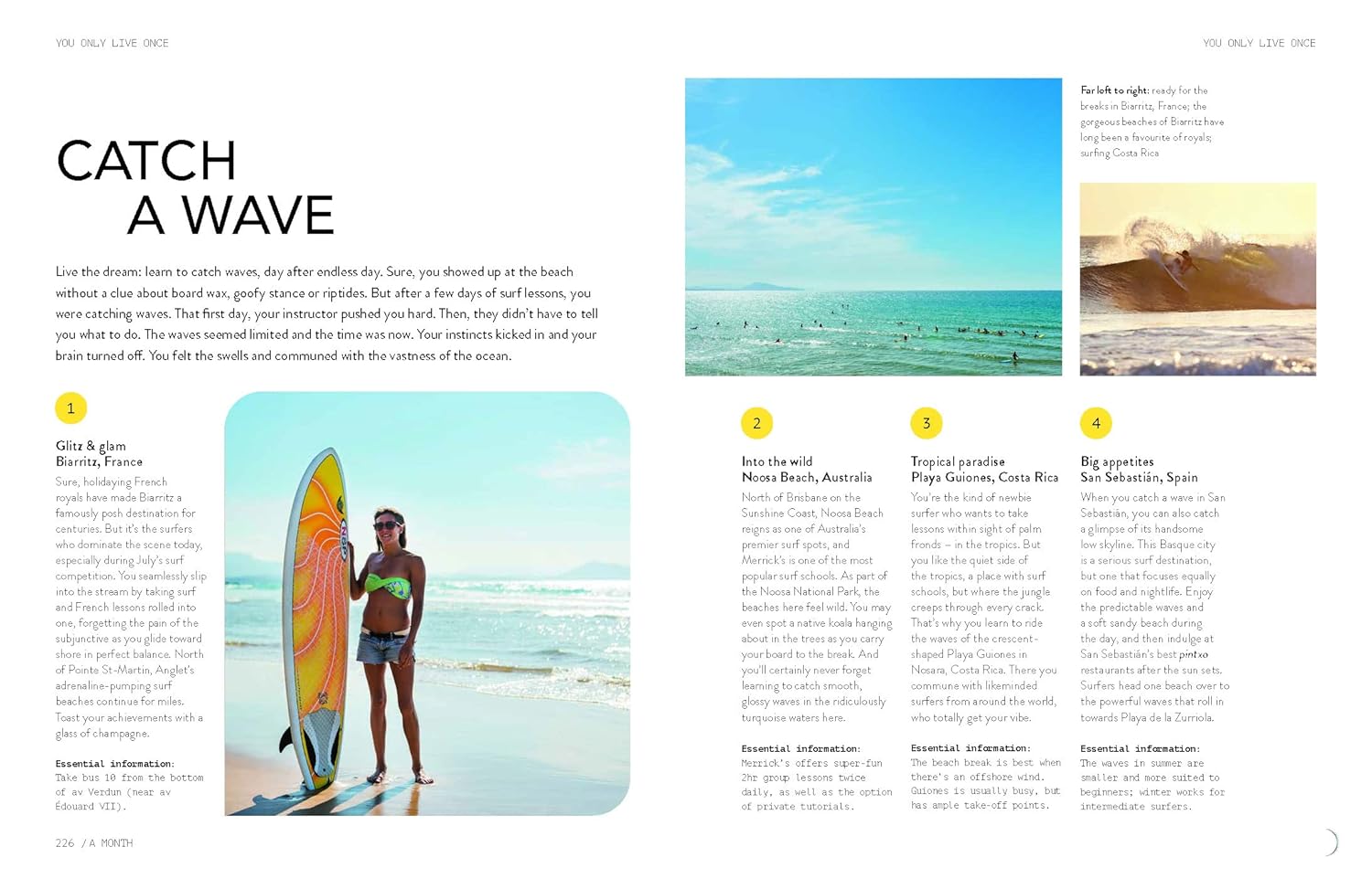 You live only once book layout with a person holding a surfboard on a beach, accompanied by text and images of surfing.