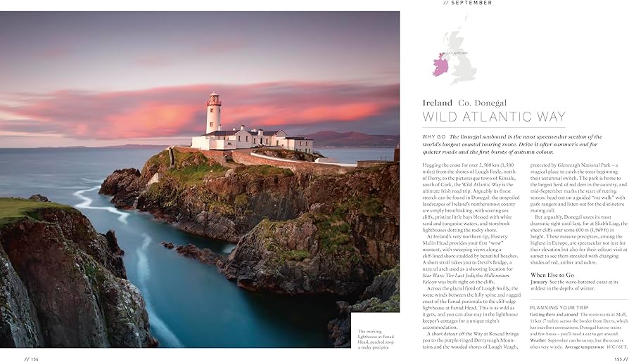 Lighthouse on a cliff with a colorful sky, likely from a travel magazine or website.