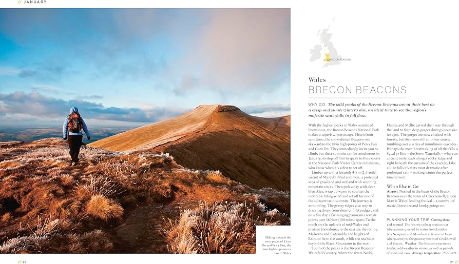 Person hiking on a mountain with a scenic view and text about Brecon Beacons.