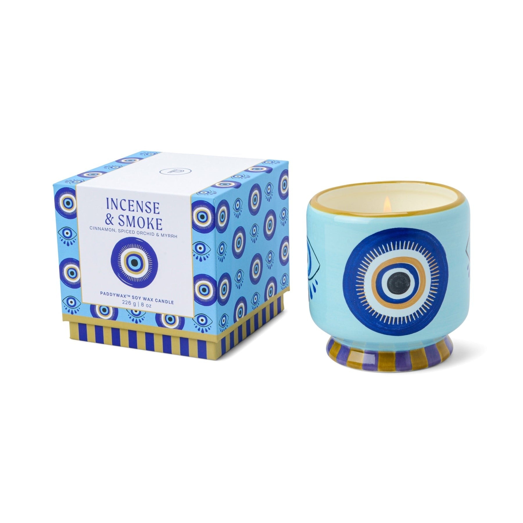 Vegan 8oz soy candle in repurposable ceramic jar with blue mystic eye, incense & smoke scent