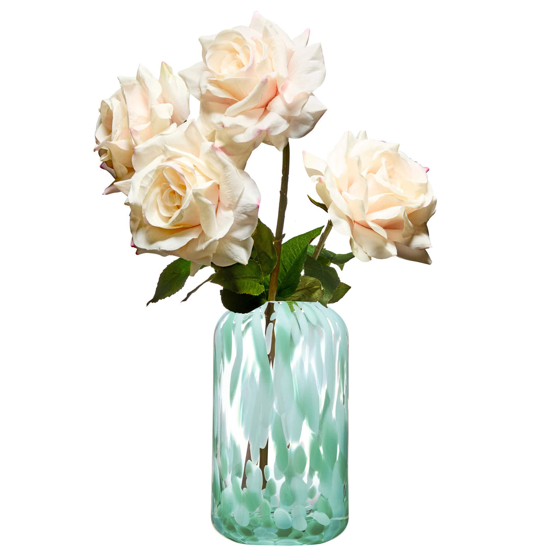 Contemporary green lava vase holding flowers on a white background
