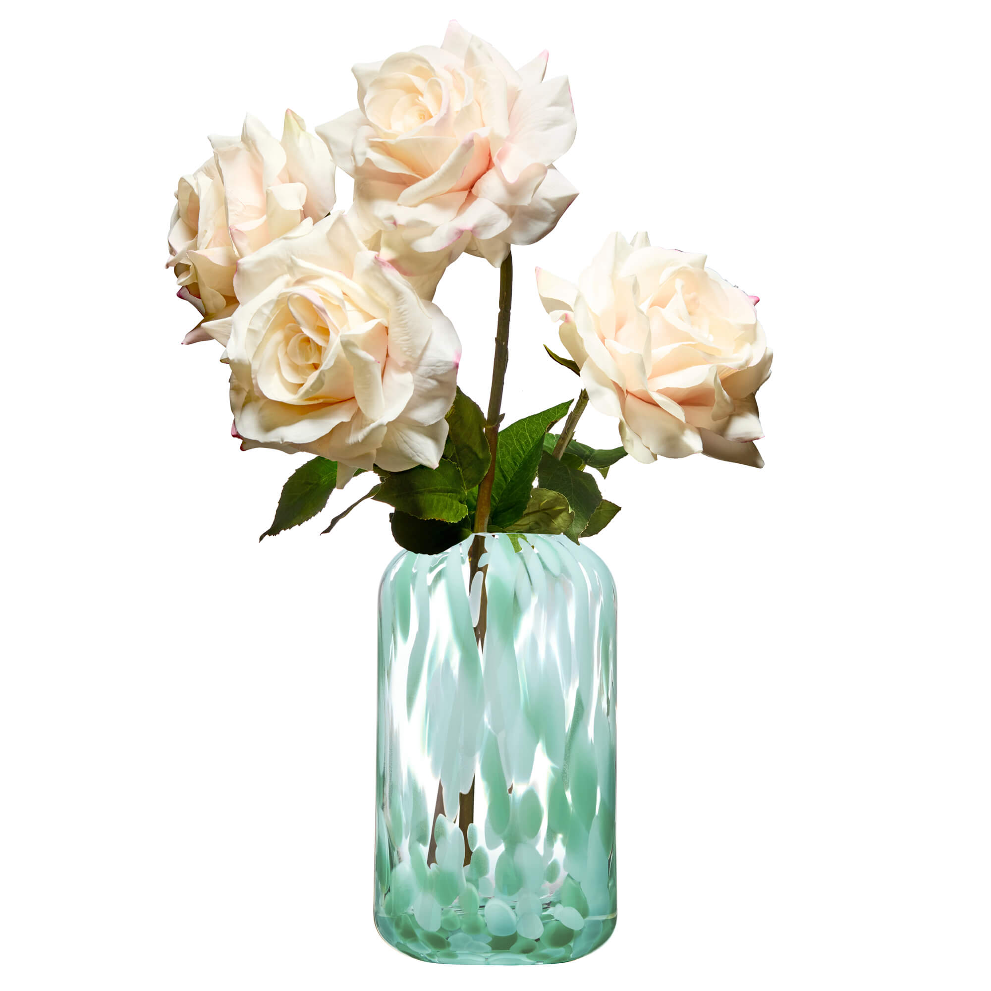 Contemporary green lava vase holding flowers on a white background