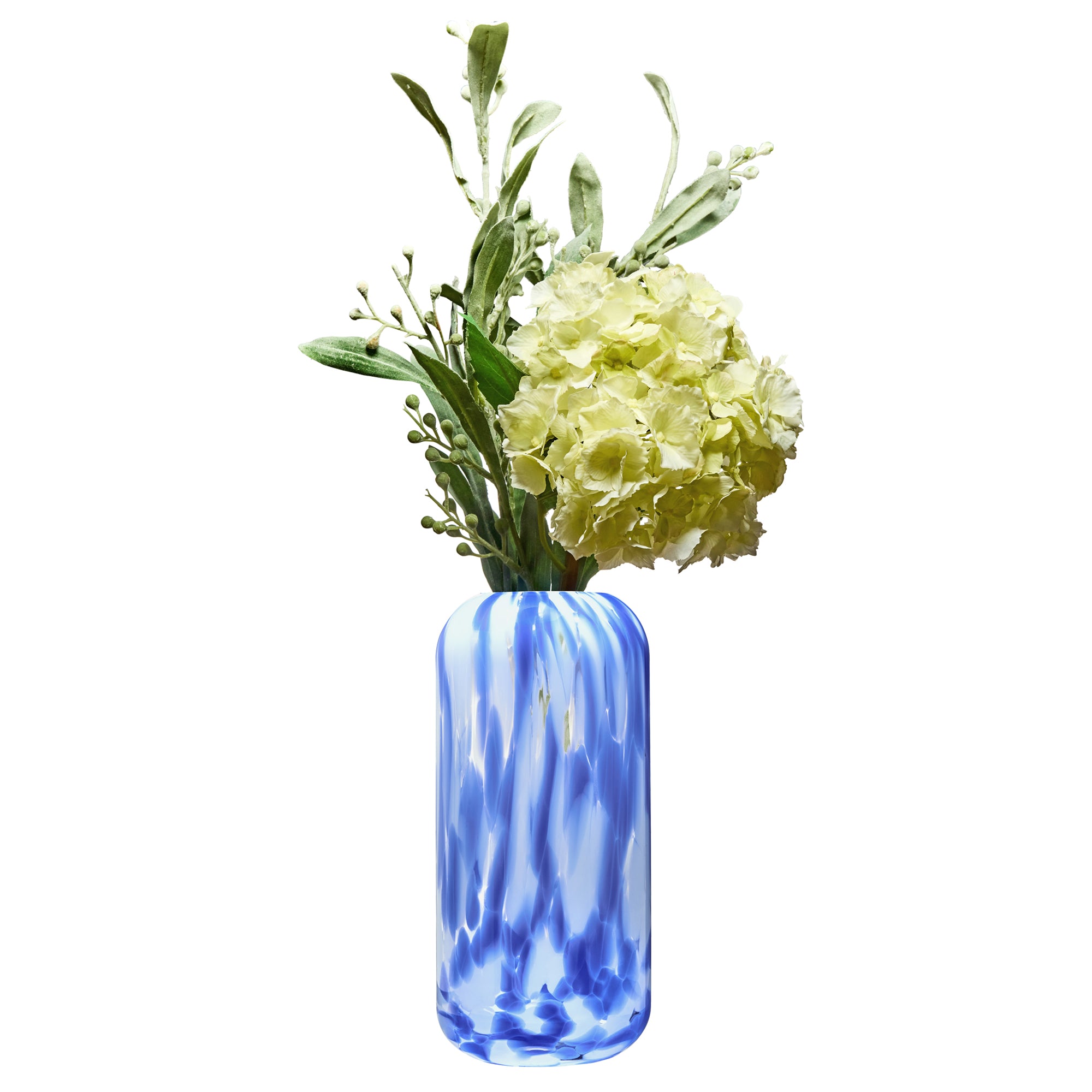 Contemporary blue lava glass holding fresh flowers on a white background