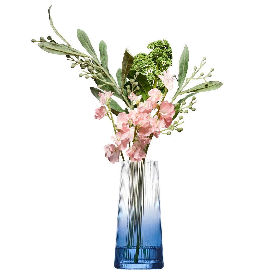Contemporary blue glass vase with rounded corners and delicate blue ombre effect, holding flowers on a white background