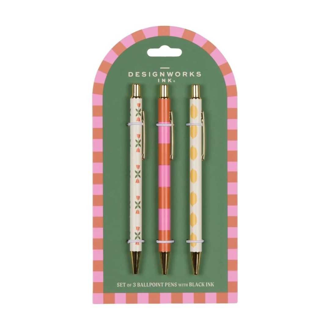 Set of three A Dopo pens with black ink, featuring matching patterns including stripe, flower and lemon.