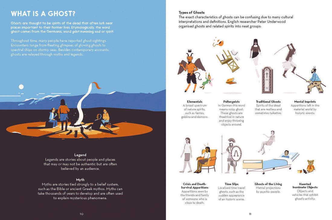 Book page about ghosts with illustrations and text on a blue and black background