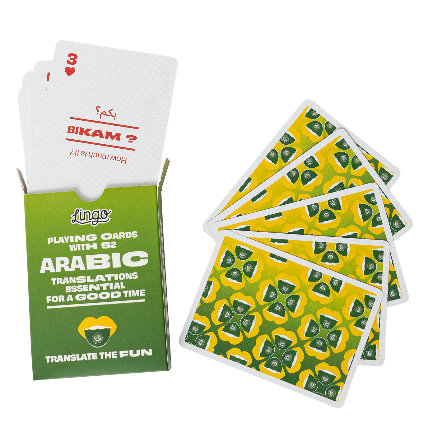 Playing cards with Arabic translations on a white background
