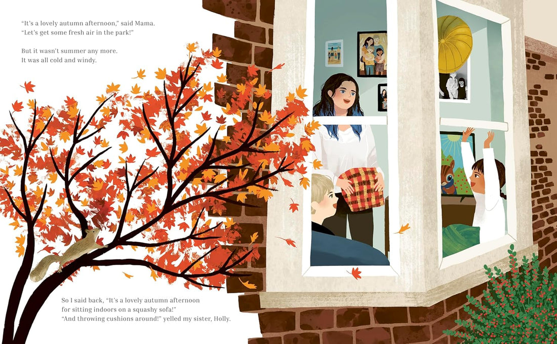 Illustration of a family looking out a window with autumn leaves outside.