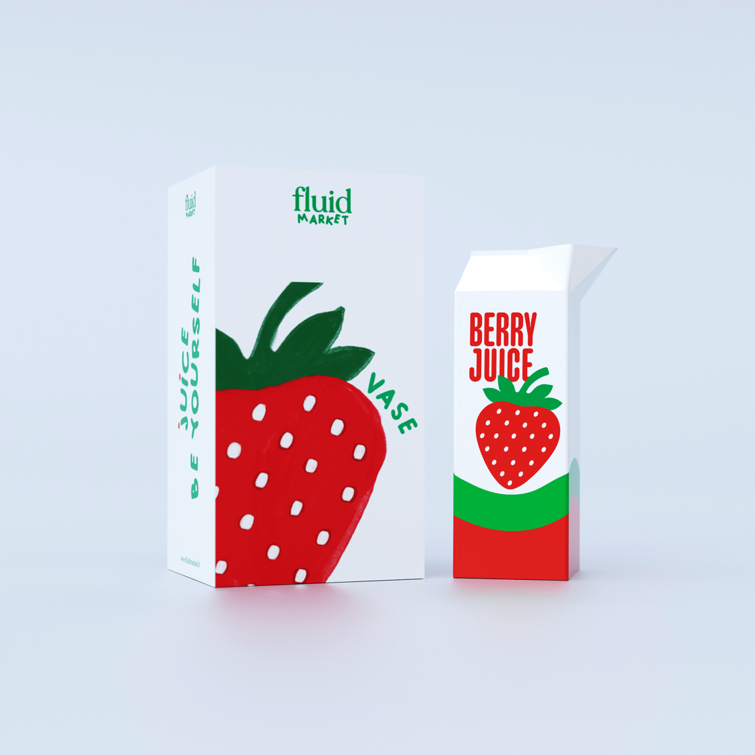 Ceramic berry juice carton vase with mathcing packaging on a white background