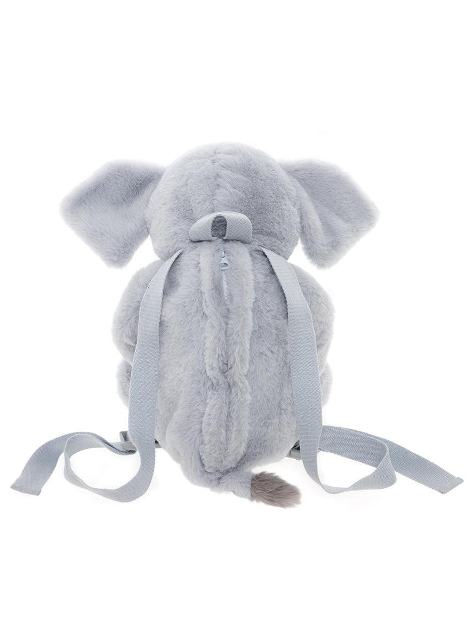 Back View of The Effie Elephant plush backpack in cloudy grey – soft huggable elephant bag for kids, adjustable straps and storage for toys or snacks
