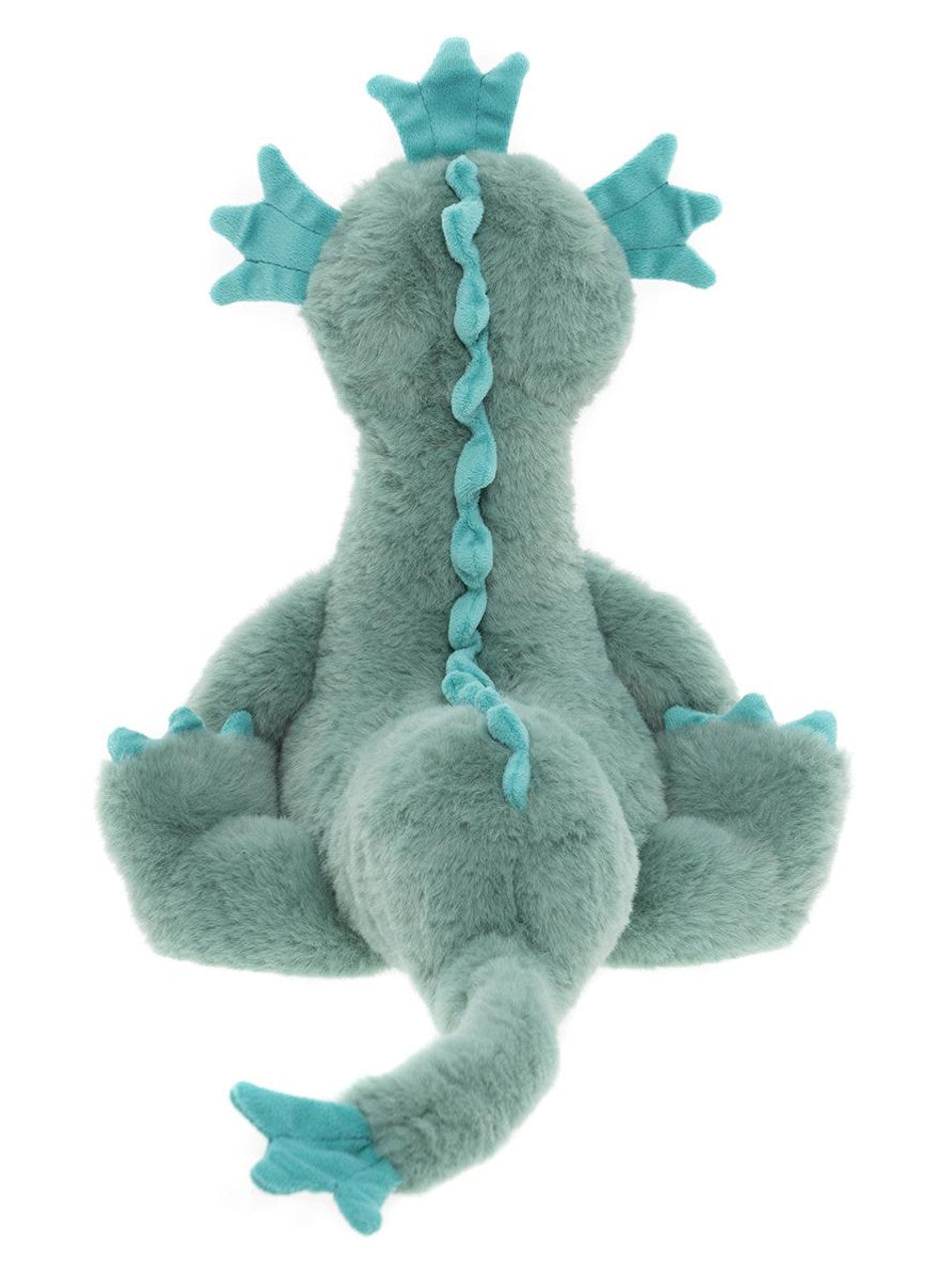Back View of the Nessie plush toy in seaweed green – soft cuddly stuffed mythical creature for kids, comfort toy and nursery companion