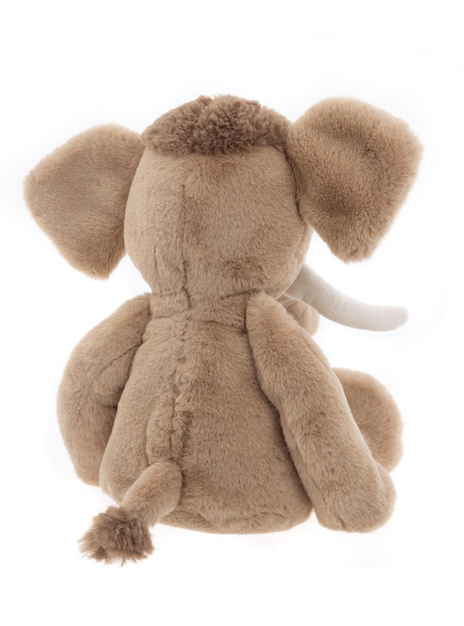 Back View of the Wally Mammoth plush toy in shaggy brown – soft cuddly stuffed mammoth for kids, comfort toy and nursery companion