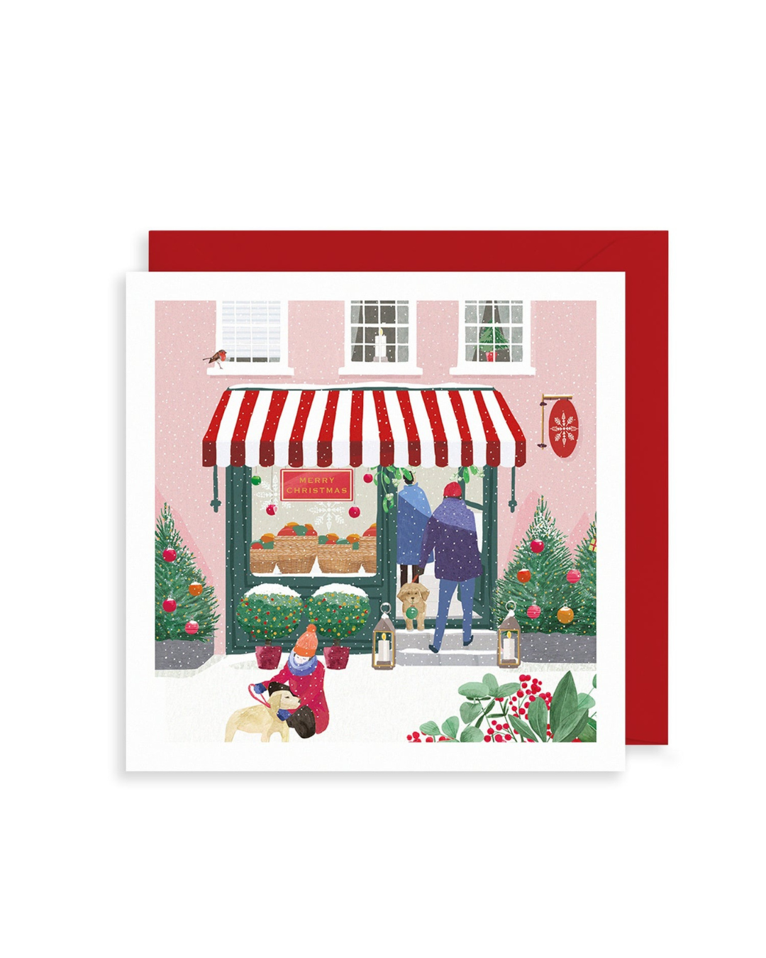Winter High Street Bauble Shop Christmas Card featuring a festive snowy street scene with gold foil details and red envelope